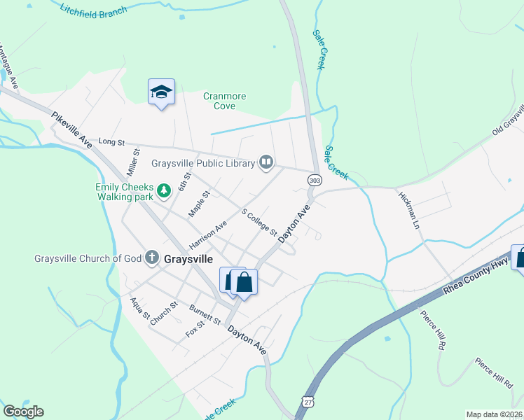 map of restaurants, bars, coffee shops, grocery stores, and more near 209 South College Street in Graysville