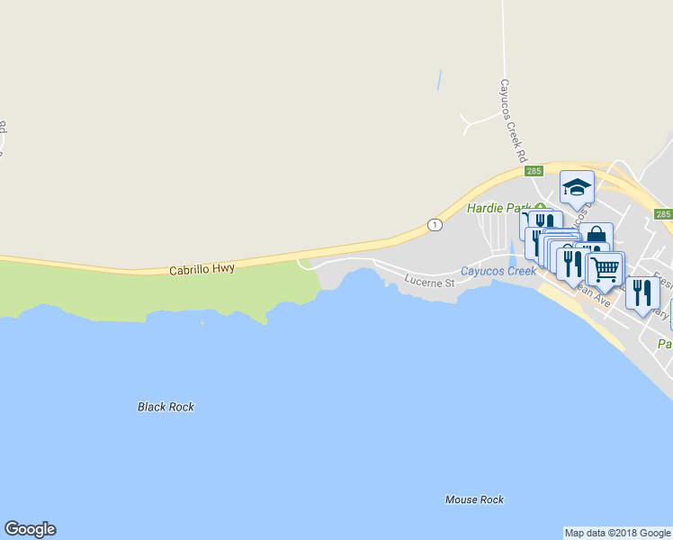 map of restaurants, bars, coffee shops, grocery stores, and more near 781 North Ocean Avenue in Cayucos