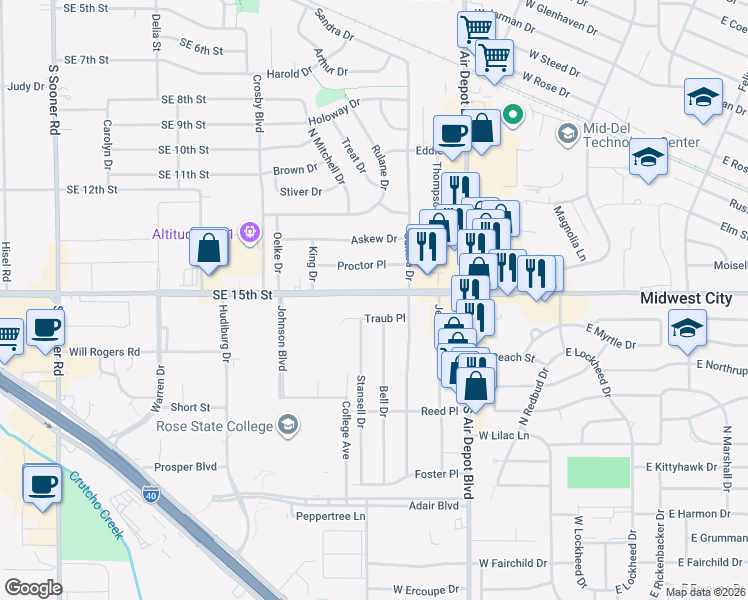 map of restaurants, bars, coffee shops, grocery stores, and more near 6700 Southeast 15th Street in Midwest City