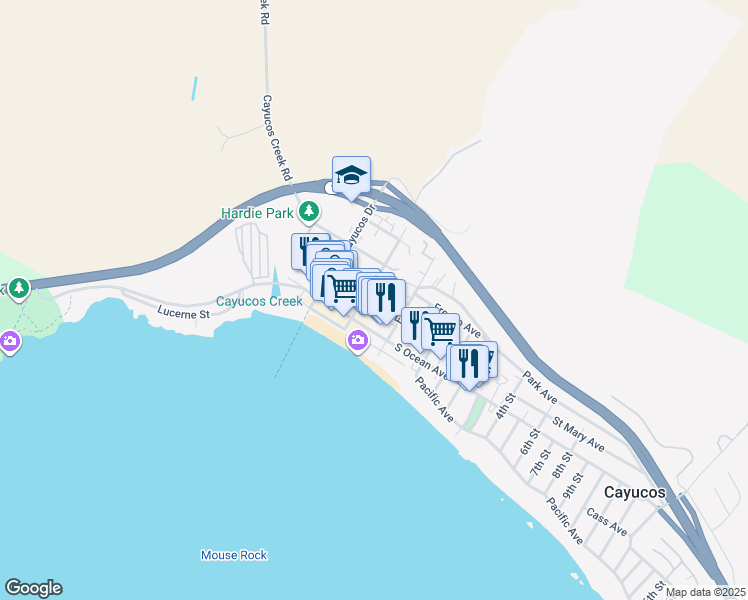 map of restaurants, bars, coffee shops, grocery stores, and more near 81 Ash Avenue in Cayucos