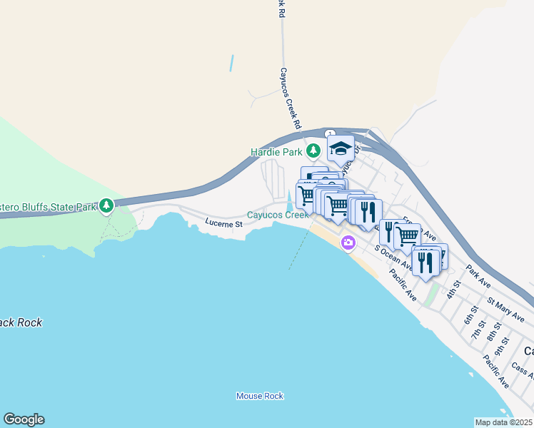 map of restaurants, bars, coffee shops, grocery stores, and more near 349 Lucerne Street in Cayucos