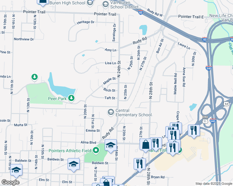 map of restaurants, bars, coffee shops, grocery stores, and more near 2312 Birch St in Van Buren