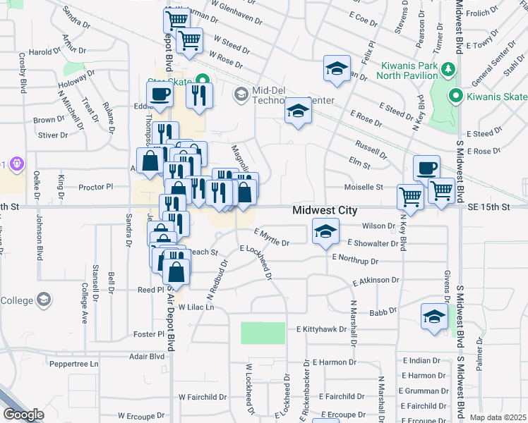 map of restaurants, bars, coffee shops, grocery stores, and more near 7118 Southeast 15th Street in Midwest City