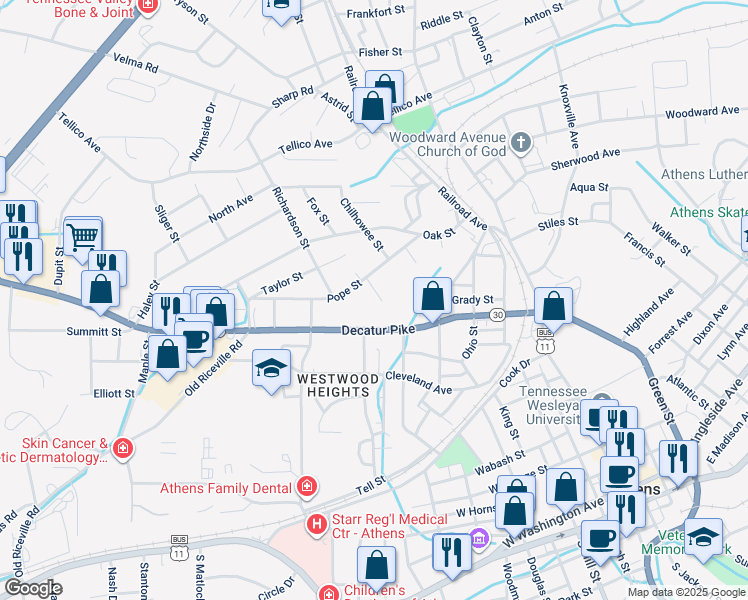 map of restaurants, bars, coffee shops, grocery stores, and more near 401 Pope Street in Athens