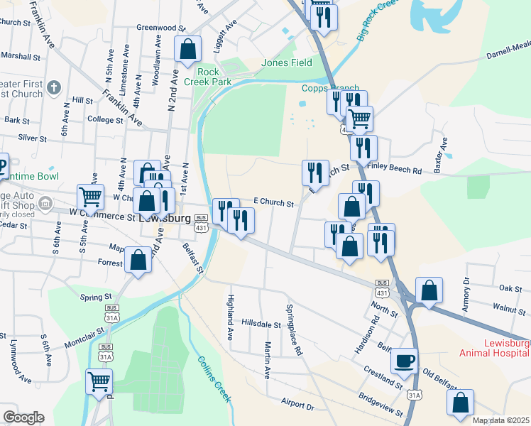 map of restaurants, bars, coffee shops, grocery stores, and more near 206 Legion Avenue in Lewisburg