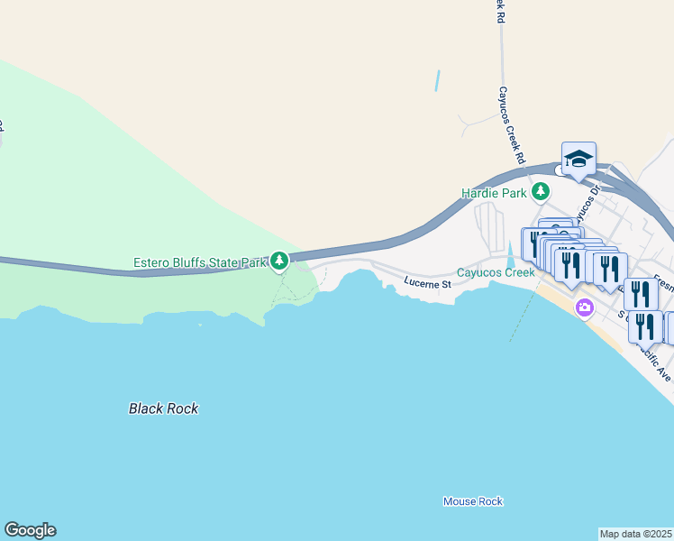 map of restaurants, bars, coffee shops, grocery stores, and more near 781 North Ocean Avenue in Cayucos