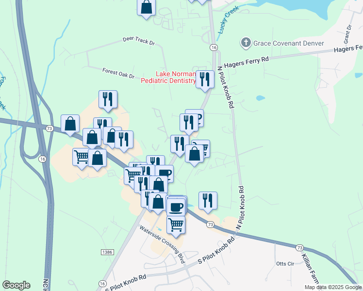 map of restaurants, bars, coffee shops, grocery stores, and more near 223 South Nc 16 Highway in Maiden