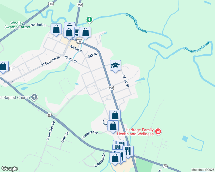 map of restaurants, bars, coffee shops, grocery stores, and more near 108 Hines Street in Snow Hill