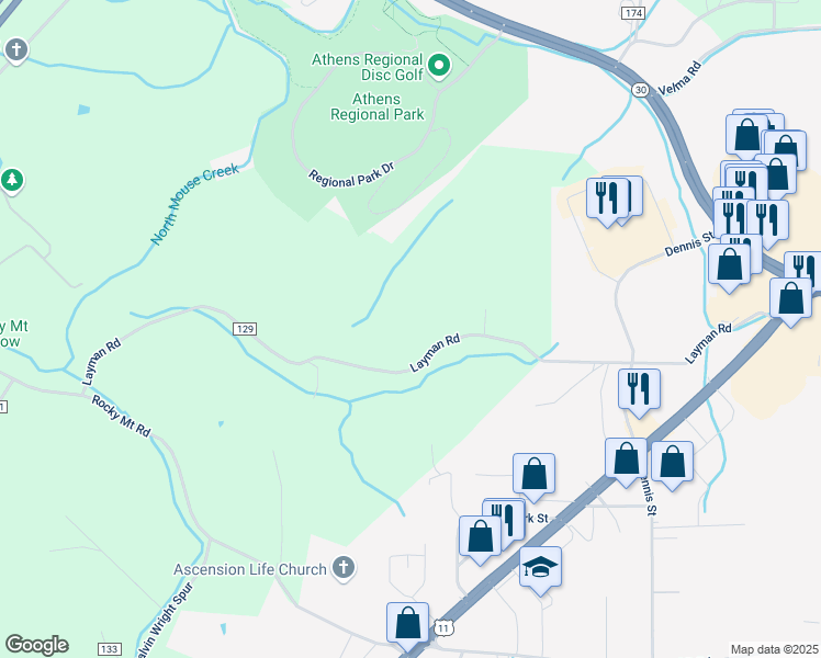map of restaurants, bars, coffee shops, grocery stores, and more near 250 County Road 129 in Athens