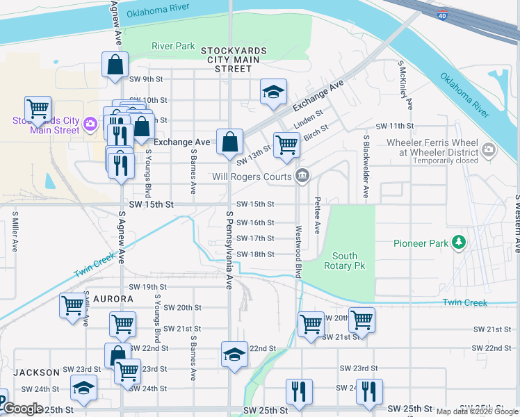 map of restaurants, bars, coffee shops, grocery stores, and more near 1808 Southwest 15th Street in Oklahoma City