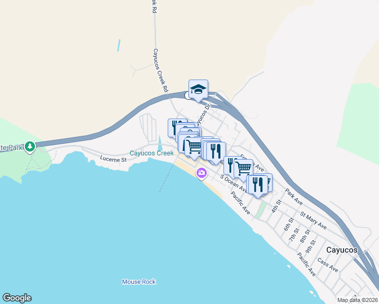 map of restaurants, bars, coffee shops, grocery stores, and more near 130 North Ocean Avenue in Cayucos