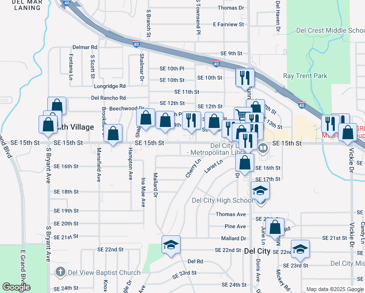 map of restaurants, bars, coffee shops, grocery stores, and more near 3700 Southeast 15th Street in Del City