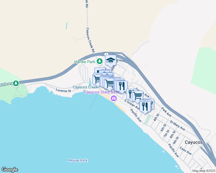map of restaurants, bars, coffee shops, grocery stores, and more near 158 North Ocean Avenue in Cayucos