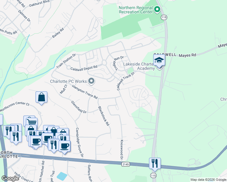 map of restaurants, bars, coffee shops, grocery stores, and more near 16800 Laureate Road in Huntersville
