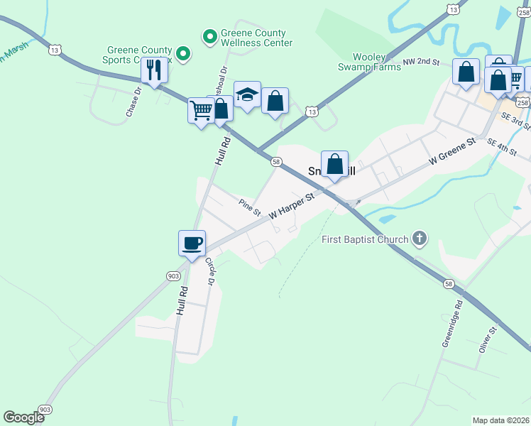 map of restaurants, bars, coffee shops, grocery stores, and more near 617 West Harper Street in Snow Hill