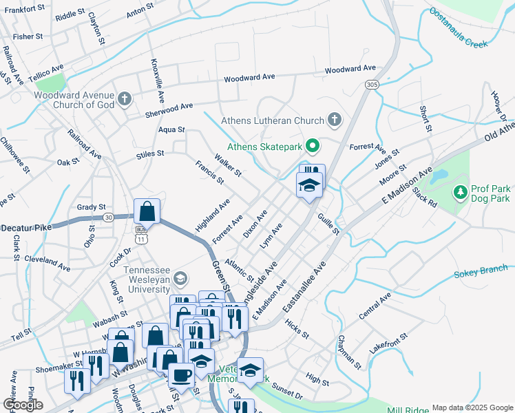 map of restaurants, bars, coffee shops, grocery stores, and more near 303 Forrest Avenue in Athens