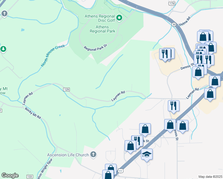map of restaurants, bars, coffee shops, grocery stores, and more near 250 County Road 129 in Athens