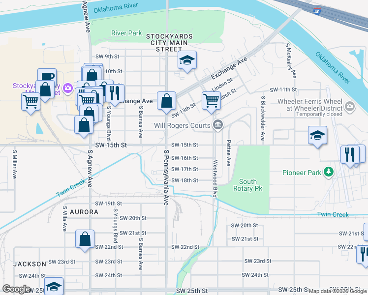 map of restaurants, bars, coffee shops, grocery stores, and more near 1808 Southwest 15th Street in Oklahoma City