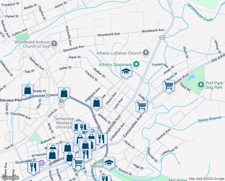 map of restaurants, bars, coffee shops, grocery stores, and more near 303 Forrest Avenue in Athens