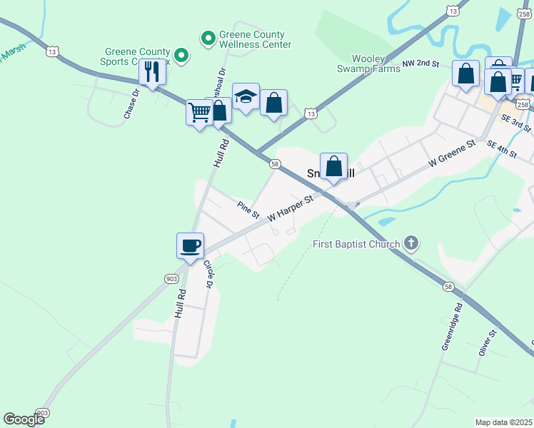 map of restaurants, bars, coffee shops, grocery stores, and more near 617 West Harper Street in Snow Hill