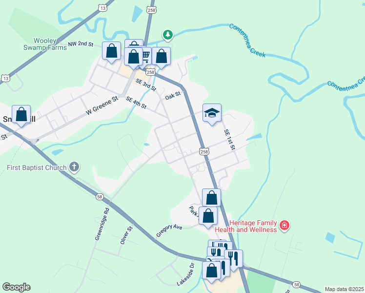 map of restaurants, bars, coffee shops, grocery stores, and more near 506 Southeast 3rd Street in Snow Hill