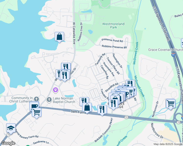 map of restaurants, bars, coffee shops, grocery stores, and more near 8128 Townley Road in Huntersville