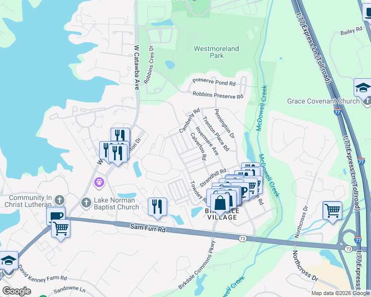 map of restaurants, bars, coffee shops, grocery stores, and more near 16509 Knox Run Road in Huntersville