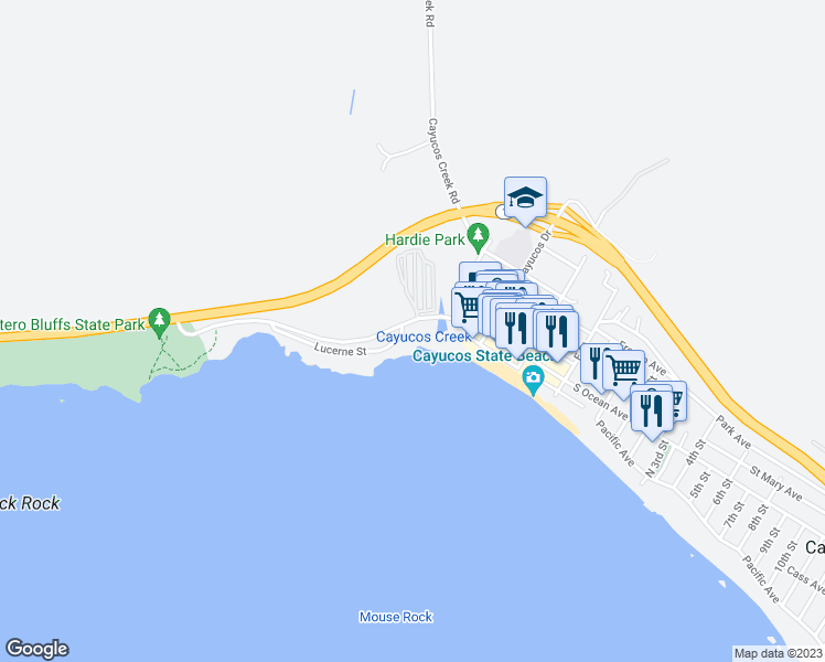 map of restaurants, bars, coffee shops, grocery stores, and more near 349 Lucerne Street in Cayucos