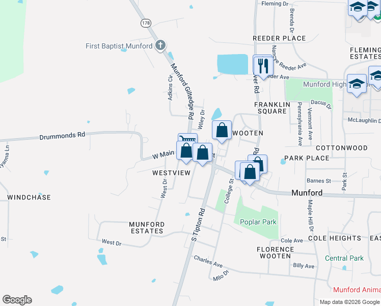 map of restaurants, bars, coffee shops, grocery stores, and more near 165 East Main Street in Munford