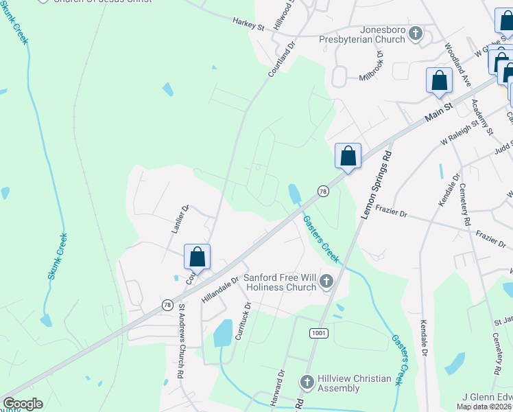 map of restaurants, bars, coffee shops, grocery stores, and more near 1400 Tramway Road in Sanford