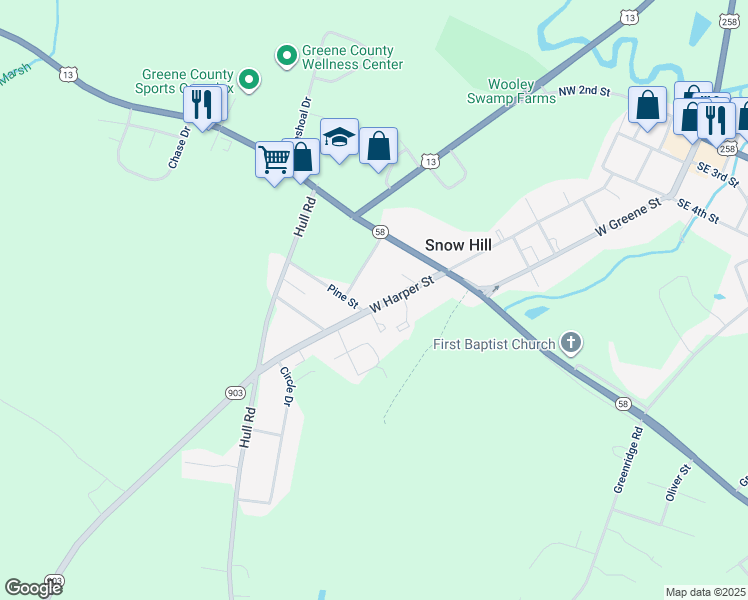 map of restaurants, bars, coffee shops, grocery stores, and more near 615 West Harper Street in Snow Hill