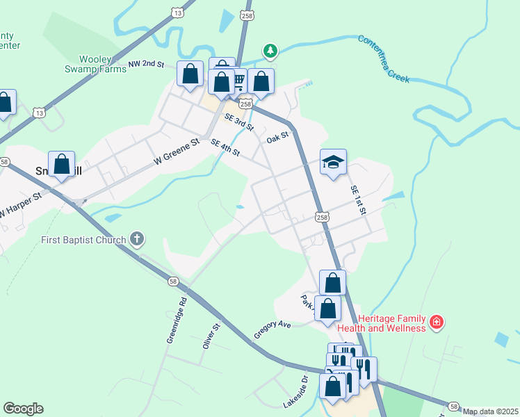 map of restaurants, bars, coffee shops, grocery stores, and more near School Street in Snow Hill