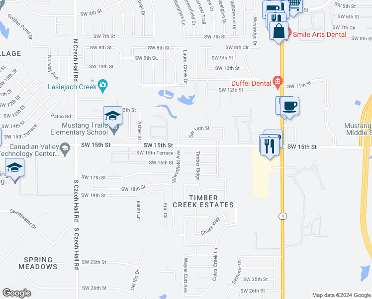 map of restaurants, bars, coffee shops, grocery stores, and more near 11745 Southwest 16th Street in Yukon