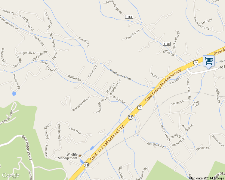 map of restaurants, bars, coffee shops, grocery stores, and more near 21 Wildflower Lane in Waynesville