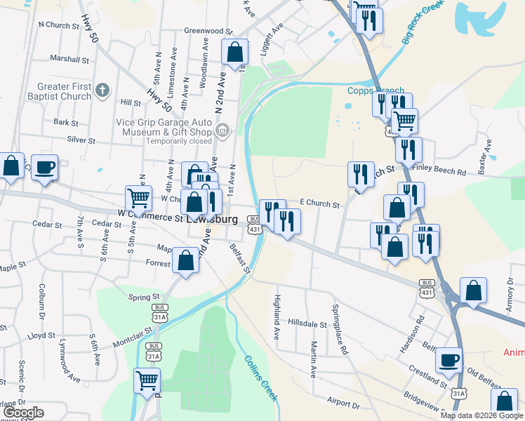 map of restaurants, bars, coffee shops, grocery stores, and more near Rock creek Trail in Lewisburg