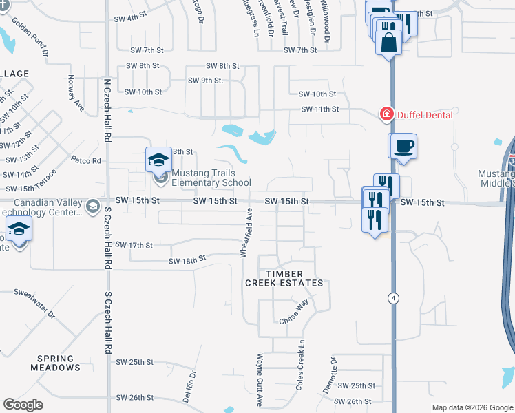 map of restaurants, bars, coffee shops, grocery stores, and more near 11749 Southwest 16th Street in Yukon