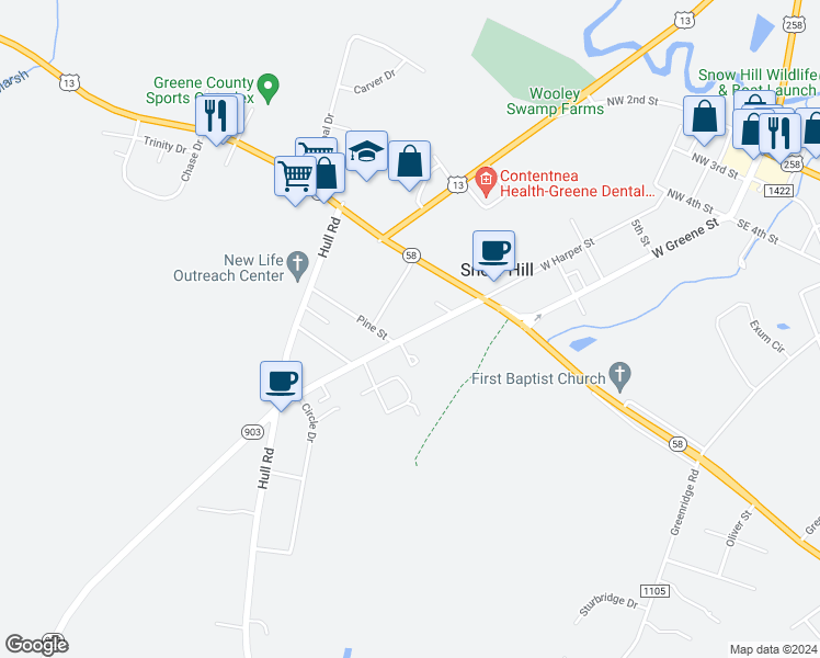 map of restaurants, bars, coffee shops, grocery stores, and more near 613 West Harper Street in Snow Hill