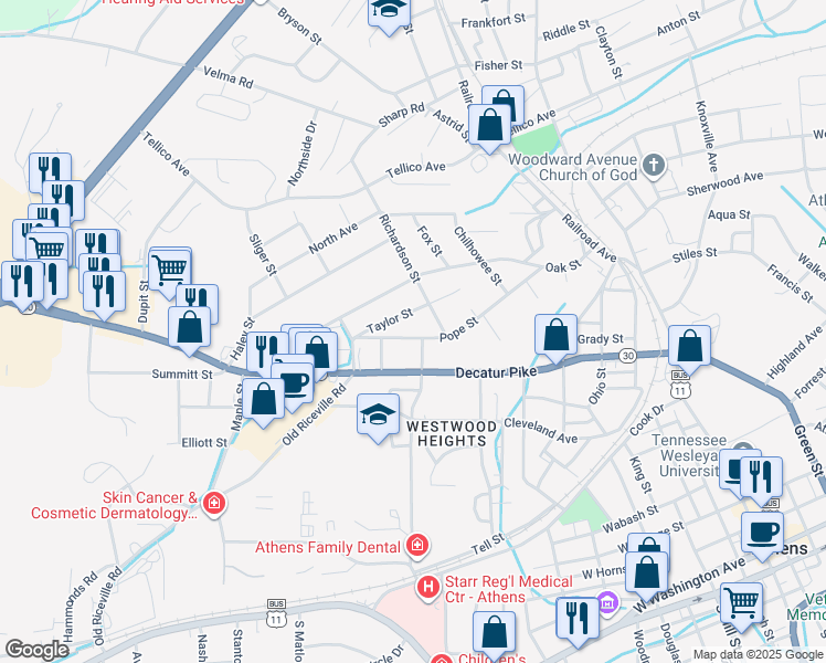 map of restaurants, bars, coffee shops, grocery stores, and more near 602 Pope St in Athens