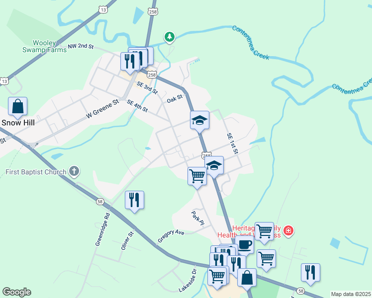 map of restaurants, bars, coffee shops, grocery stores, and more near 506 Southeast 3rd Street in Snow Hill