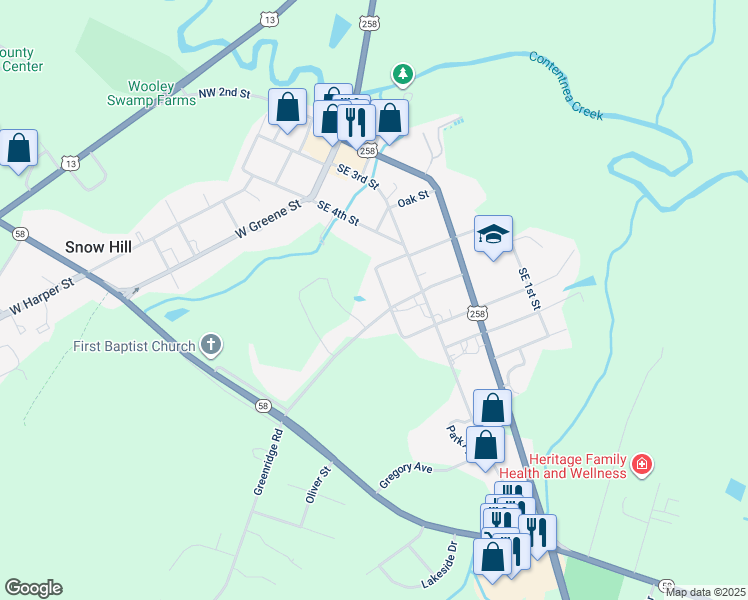 map of restaurants, bars, coffee shops, grocery stores, and more near 407 School Street in Snow Hill