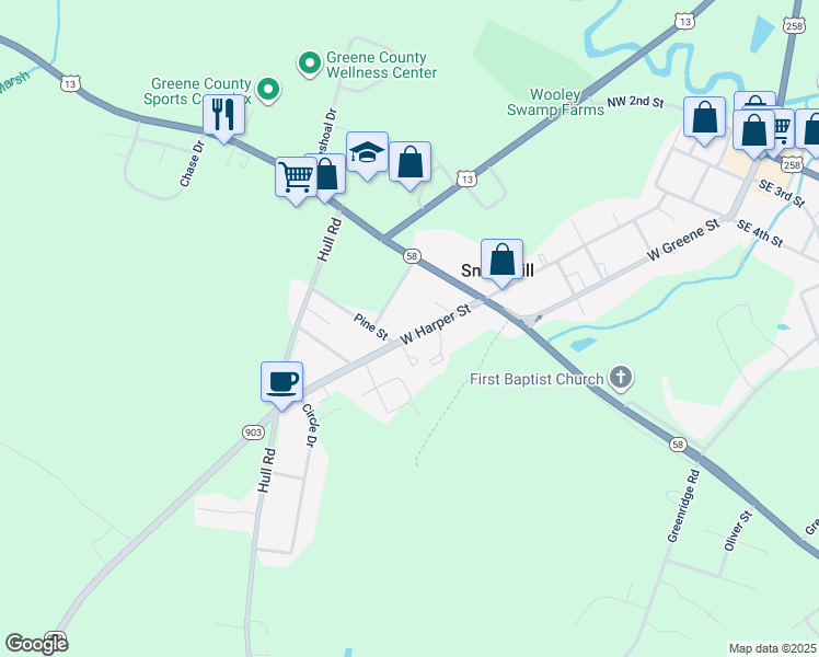 map of restaurants, bars, coffee shops, grocery stores, and more near 613 West Harper Street in Snow Hill