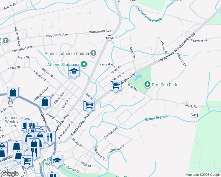 map of restaurants, bars, coffee shops, grocery stores, and more near 908 East Madison Avenue in Athens