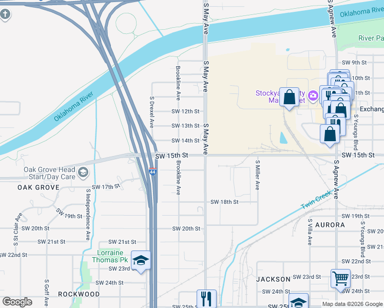 map of restaurants, bars, coffee shops, grocery stores, and more near 1601 S May Ave in Oklahoma City