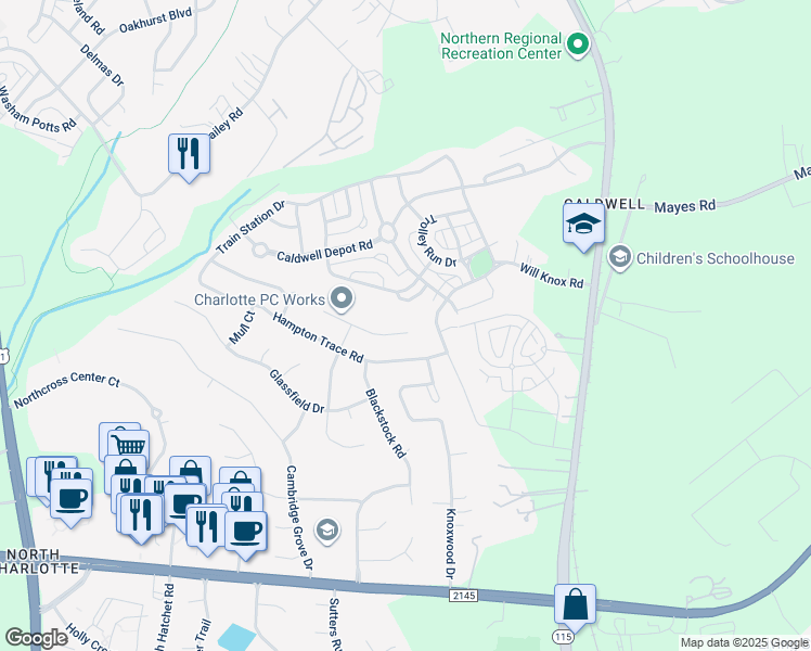 map of restaurants, bars, coffee shops, grocery stores, and more near 16806 Laureate Road in Huntersville