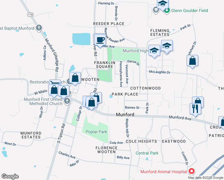 map of restaurants, bars, coffee shops, grocery stores, and more near 7 Boardwalk Street in Munford