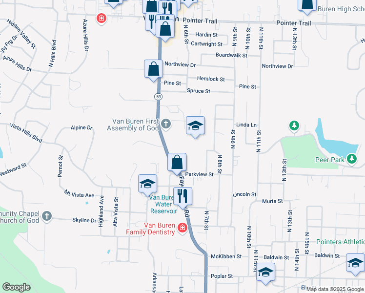 map of restaurants, bars, coffee shops, grocery stores, and more near 1012 Fayetteville Road in Van Buren