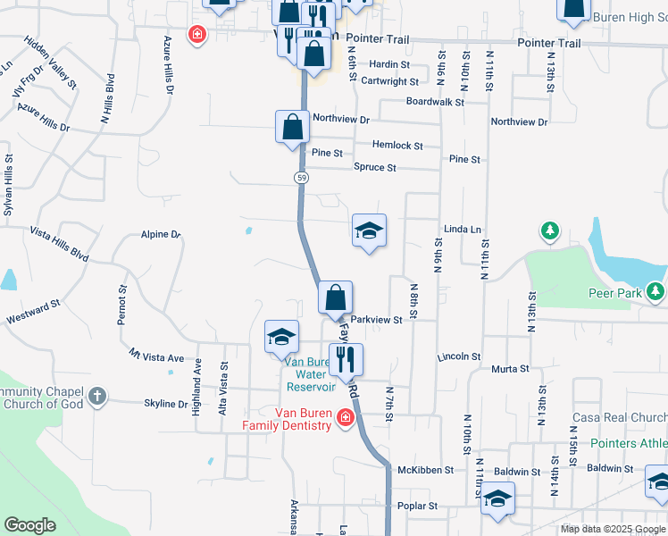 map of restaurants, bars, coffee shops, grocery stores, and more near 1012 Fayetteville Road in Van Buren