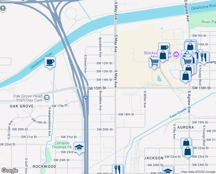 map of restaurants, bars, coffee shops, grocery stores, and more near 1601 S May Ave in Oklahoma City