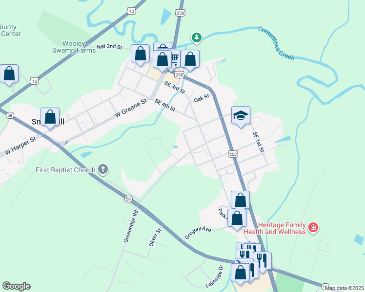 map of restaurants, bars, coffee shops, grocery stores, and more near 407 School Street in Snow Hill
