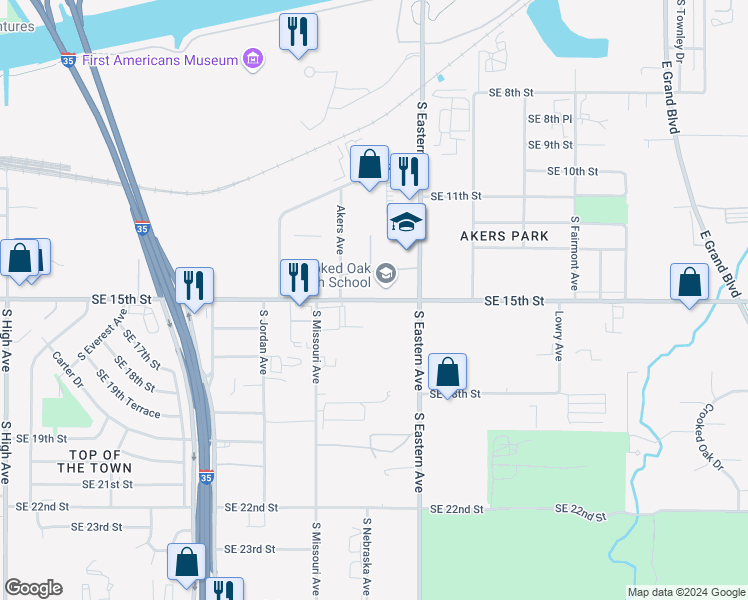 map of restaurants, bars, coffee shops, grocery stores, and more near 1901 Southeast 15th Street in Oklahoma City